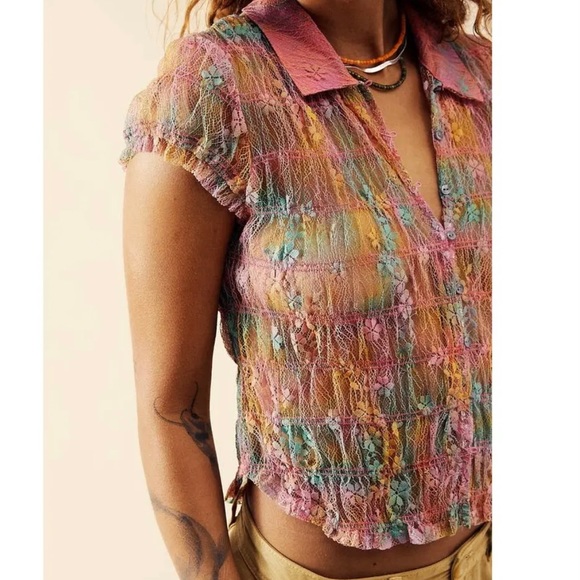 ✨Free People✨Julie Printed Lace Stretch Top Tropical Sunset Size XL. NWT🦋 - Picture 7 of 7